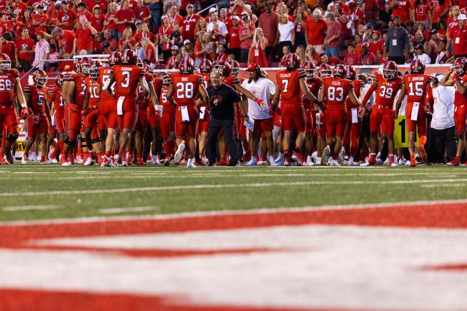 Utah’s sidelines cheer on the players after a fourth down stop against Florida during the season opener at Rice-Eccles Stadium in Salt Lake City on Thursday, Aug. 31, 2023. Utah won the game 24-11. | Megan Nielsen, Deseret News