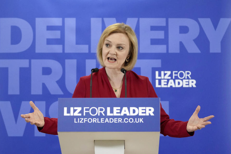 FILE - Britain's Secretary of State for Foreign, Commonwealth and Development Affairs, Liz Truss, speaks during the launch of her campaign to be Conservative Party leader and Prime Minister, in Westminster, in London, Thursday, July 14, 2022. Britain's new leader, Liz Truss, is the child of left-wing parents who grew up to be an admirer of Conservative Prime Minister Margaret Thatcher. Now she is taking the helm as prime minister herself, with a Thatcherite zeal to transform the U.K. One colleague who has known Truss since university says she is “a radical” who wants to “roll back the intervention of the state” in people’s lives, just as Thatcher once did. (AP Photo/Frank Augstein, File)