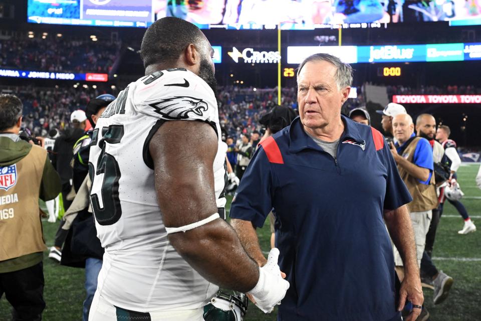 Sep 10, 2023; Foxborough, Massachusetts, USA; New England Patriots head coach Bill Belichick shakes hands with Philadelphia Eagles defensive end Brandon Graham (55) after a game at Gillette Stadium. Mandatory Credit: Brian Fluharty-USA TODAY Sports