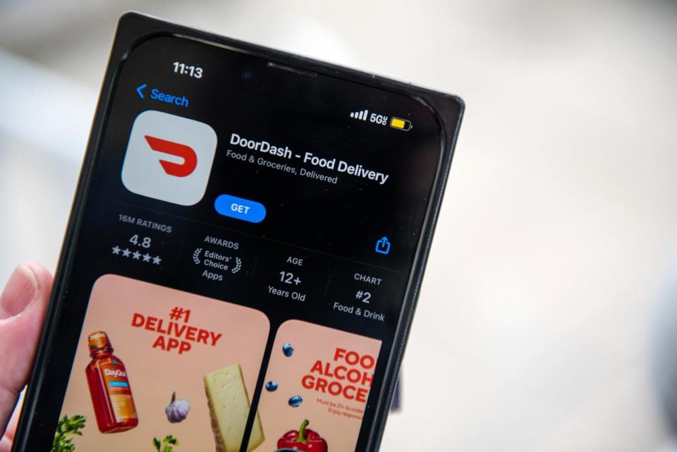 PHOTO: In this May 1, 2023, file photo, the DoorDash app is shown on a smartphone in Hastings-on-Hudson, New York. (Tiffany Hagler-Geard/Bloomberg via Getty Images, FILE)
