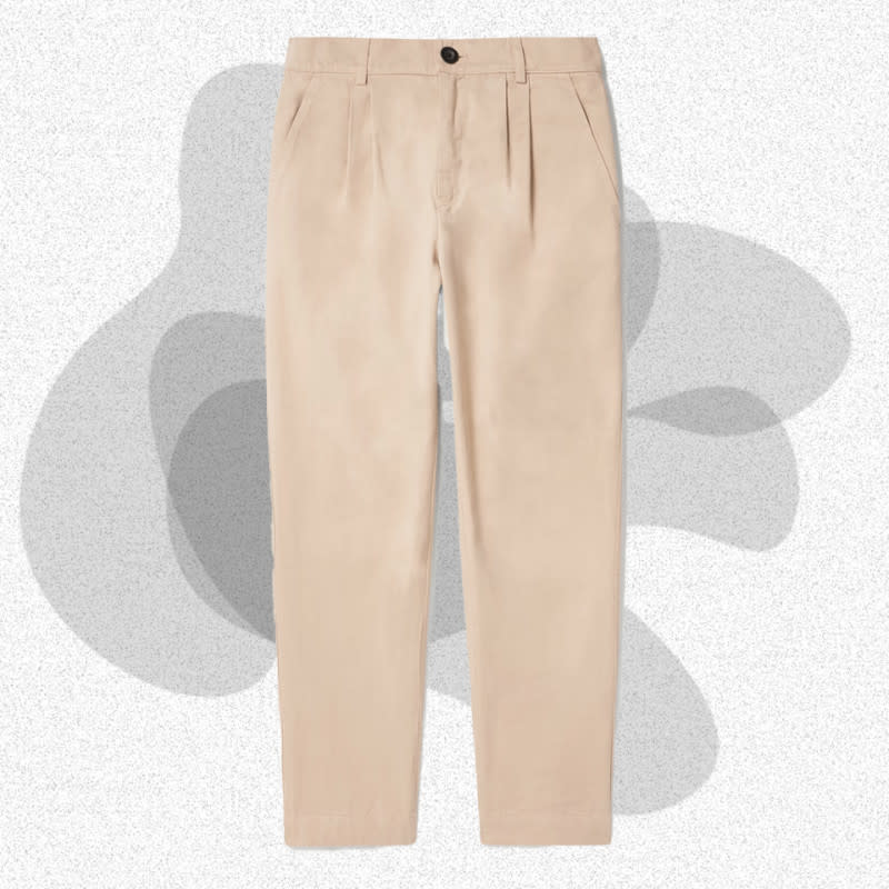 <p>Courtesy of Mr P.</p><p>Mr. Porter is already one of the best destinations for luxury fashion, so it’s no surprise that the brand’s house label, Mr P., offers elevated men’s essentials. These all-cotton chinos feature a double pleat, but the tapered cut makes for a modern, easy-to-wear take on men’s khakis. Keep it khaki with the beige or opt for the equally excellent navy, green, or brown colorways. </p><p>[$240; <a href="https://go.skimresources.com?id=106246X1712071&xs=1&xcust=mj-bestkhakipantsmen-jzavaleta-0923-update&url=https%3A%2F%2Fwww.mrporter.com%2Fen-us%2Fmens%2Fproduct%2Fmr-p%2Fclothing%2Fcasual-trousers%2Ftapered-pleated-cotton-twill-trousers%2F1647597302845309" rel="noopener" target="_blank" data-ylk="slk:mrporter.com;elm:context_link;itc:0;sec:content-canvas" class="link ">mrporter.com</a>]</p>