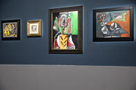 Artworks by Pablo Picasso are displayed for auction at the Bellagio hotel and casino Saturday, Oct. 23, 2021, in Las Vegas. Sotheby's and the MGM Resorts Fine Art Collection hosted the auction, which raised $109 million from eleven pieces. (AP Photo/Ellen Schmidt)