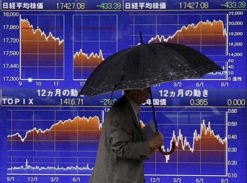 A man holding an umbrella walks past an electronic board displaying graphs showing recent movements of the Nikkei share average outside a brokerage in Tokyo September 8, 2015. REUTERS/Issei Kato