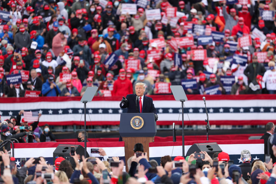 PENNSYLVANIA, USA - OCTOBER 31: US President Donald Trump addresses his supporters during a rally in Pennsylvania, United States on October 31, 2020. (Photo by Tayfun Coskun/Anadolu Agency via Getty Images)