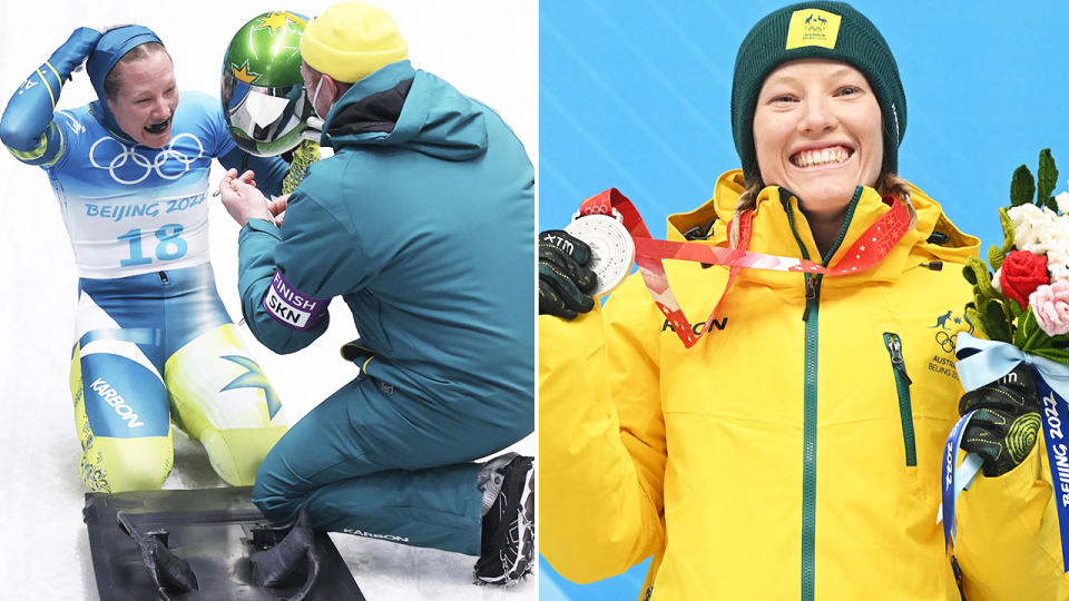 Jackie Narracott, pictured here after becoming Australia's first-ever medallist in skeleton at the Winter Olympics. 