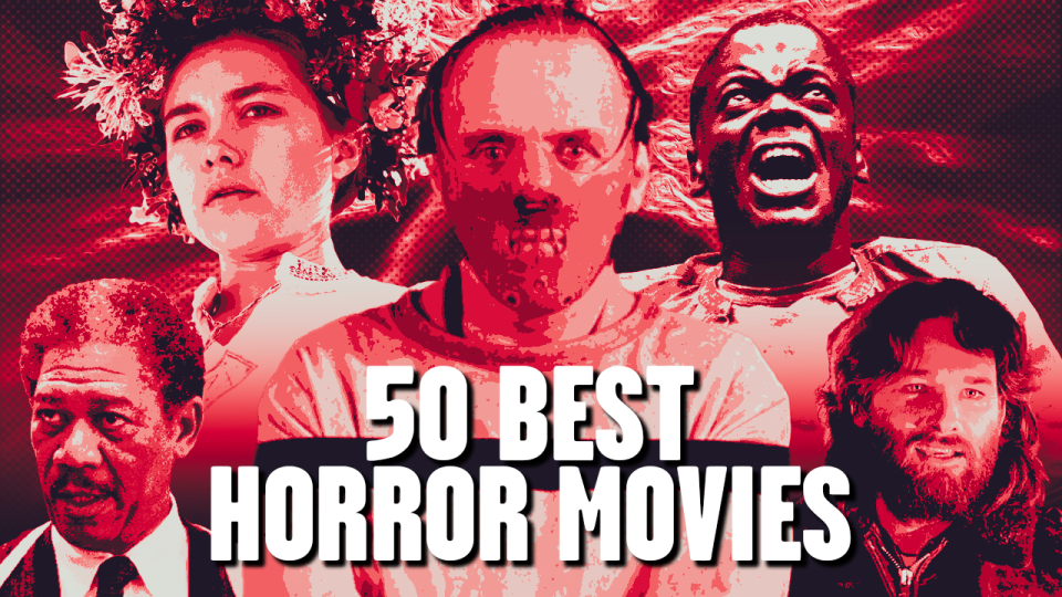 CinemaBlend's Best horror movies list logo, with characters from Seven, Midsommar, The Silence of the Lambs, Get Out and The Thing