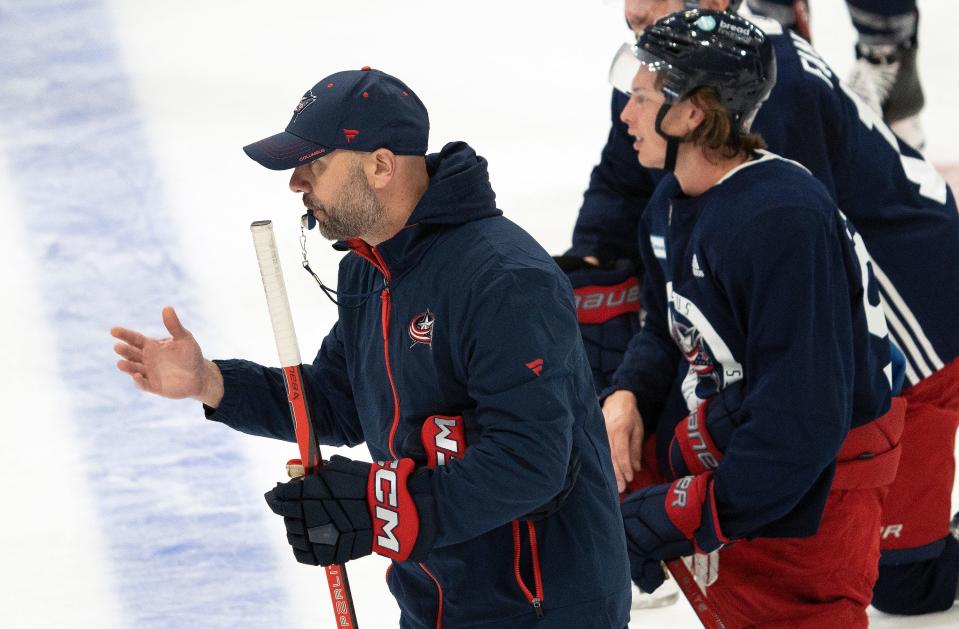 Sep 29, 2023; Columbus, Ohio, United States; Columbus Blue Jackets Head Coach Pascal Vincent watches the team during CBJ Training Camp at Nationwide Arena.