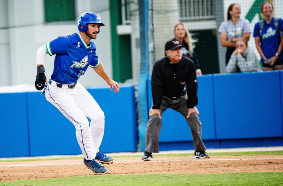 Brian Ellis, an outfielder for the Florida Gulf Coast University baseball prepares to run during a game against FAU at FGCU on Tuesday, April 11, 2023. He broke the NCAA record for most consecutive times for reaching base at 102 games.