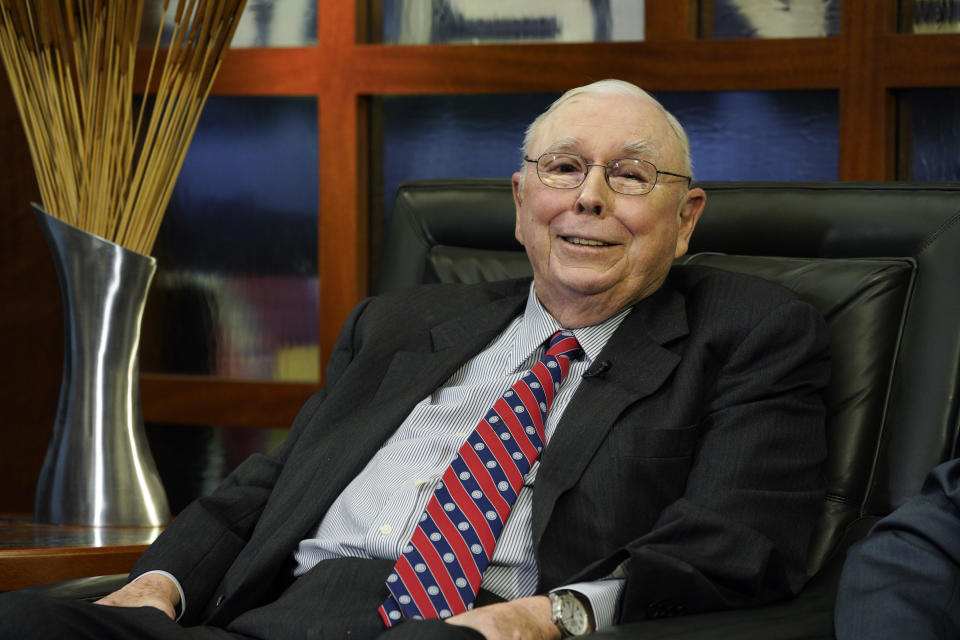 Berkshire Hathaway Vice Chairman Charlie Munger smiles during an interview in Omaha, Neb., Monday, May 7, 2018, with Liz Claman on Fox Business Network's 