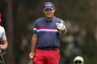 Patrick Reed prepares to play his shot from the 12th tee during a practice round of the U.S. Open Golf Championship, Wednesday, June 16, 2021, at Torrey Pines Golf Course in San Diego. (AP Photo/Gregory Bull)