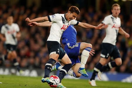 Britain Football Soccer - Chelsea v Tottenham Hotspur - Barclays Premier League - Stamford Bridge - 2/5/16 Tottenham's Heung Min Son scores their second goal Action Images via Reuters / John Sibley Livepic EDITORIAL USE ONLY. No use with unauthorized audio, video, data, fixture lists, club/league logos or "live" services. Online in-match use limited to 45 images, no video emulation. No use in betting, games or single club/league/player publications. Please contact your account representative for further details.