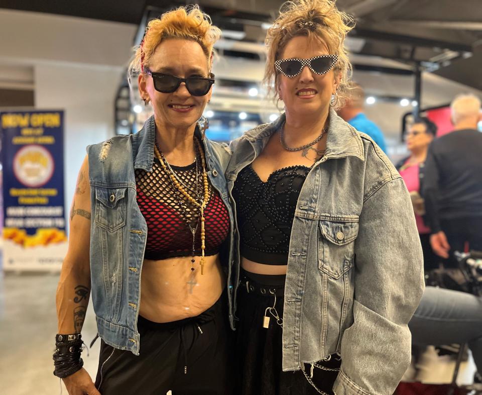 Gina Ayala (left) and Debi Clouter of Desert Hot Springs, Calif., attend Madonna's "Celebration Tour" at Acrisure Arena in Palm Desert, Calif., on March 13, 2023