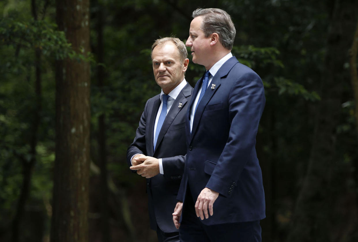 Donald Tusk has, left, revealed David Cameron confided he offered the 2016 referendum in the belief he would be in a coalition government with the Lib Dems who he thought would block the move. (PA)