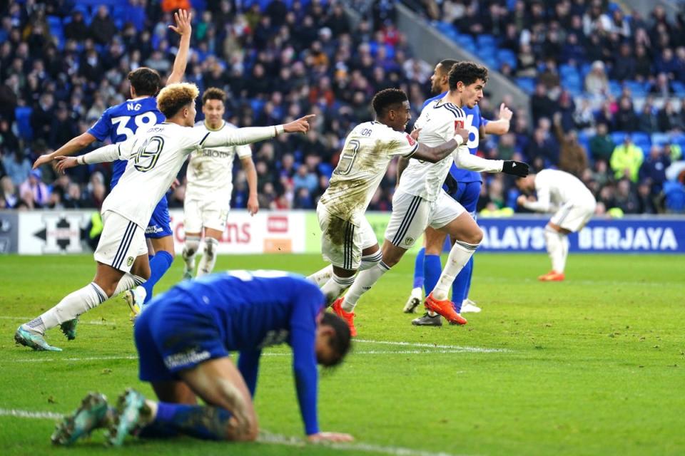 Leeds substitute Sonny Perkins (right) celebrates after scoring in his side’s 2-2 FA Cup draw at Cardiff (David Davies/PA) (PA Wire)