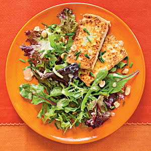 Pan-Crisped Tofu with Greens and Peanut Dressing