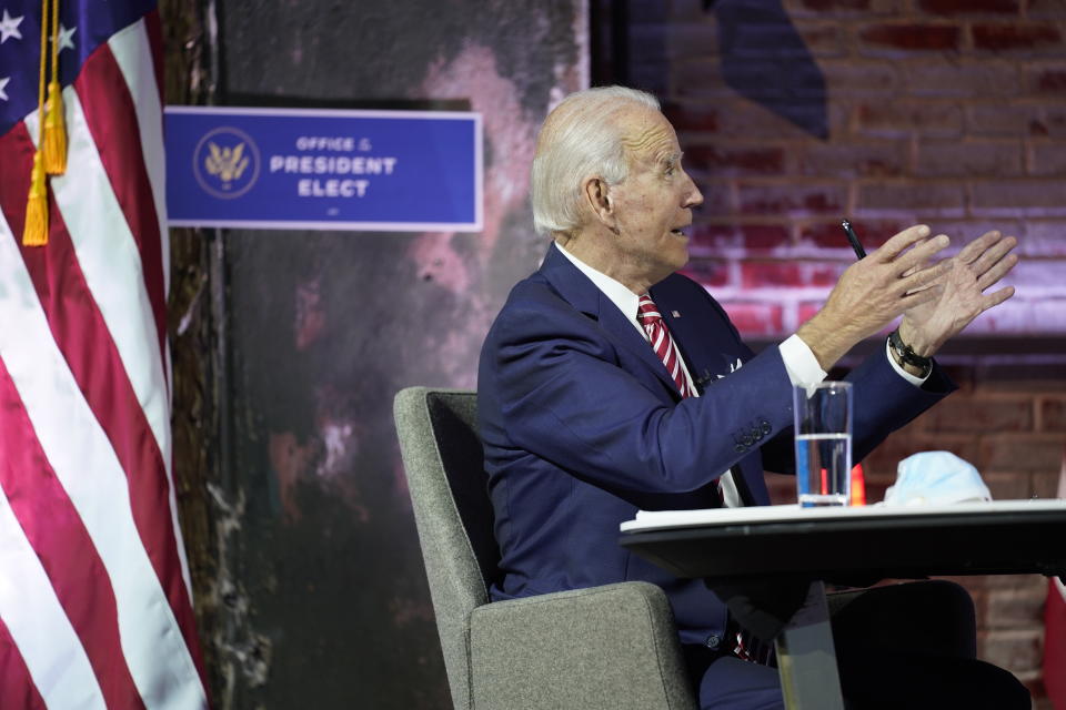 President-elect Joe Biden attends a briefing on the economy at The Queen theater, Monday, Nov. 16, 2020, in Wilmington, Del. (AP Photo/Andrew Harnik)