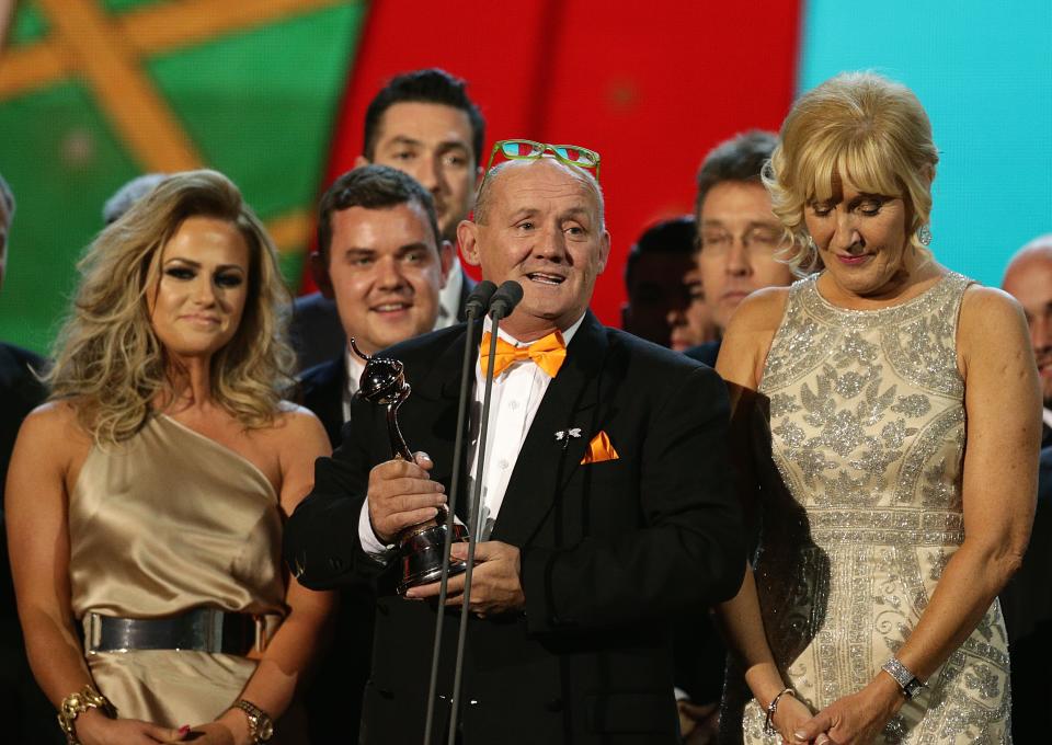 Brendan O'Caroll accepts the award for Best Comedy for Mrs Browns Boys during the 2015 National Television Awards at the O2 Arena, London.