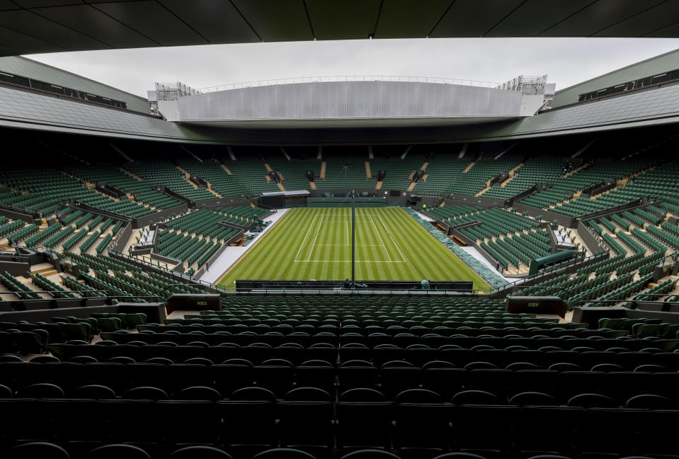 A view of the empty No.1 Court, with its new roof, ahead of the Wimbledon Tennis Championships, in London, Sunday, June 27, 2021. (Simon Bruty/Pool Photo via AP)