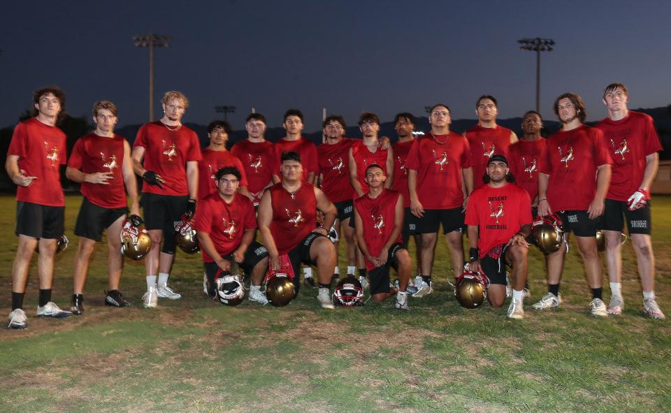 Pictured here are eighteen of the College of the DesertÕs football team who played high school in the Coachella Valley during practice in Palm Desert, Calif., August 28, 2023.