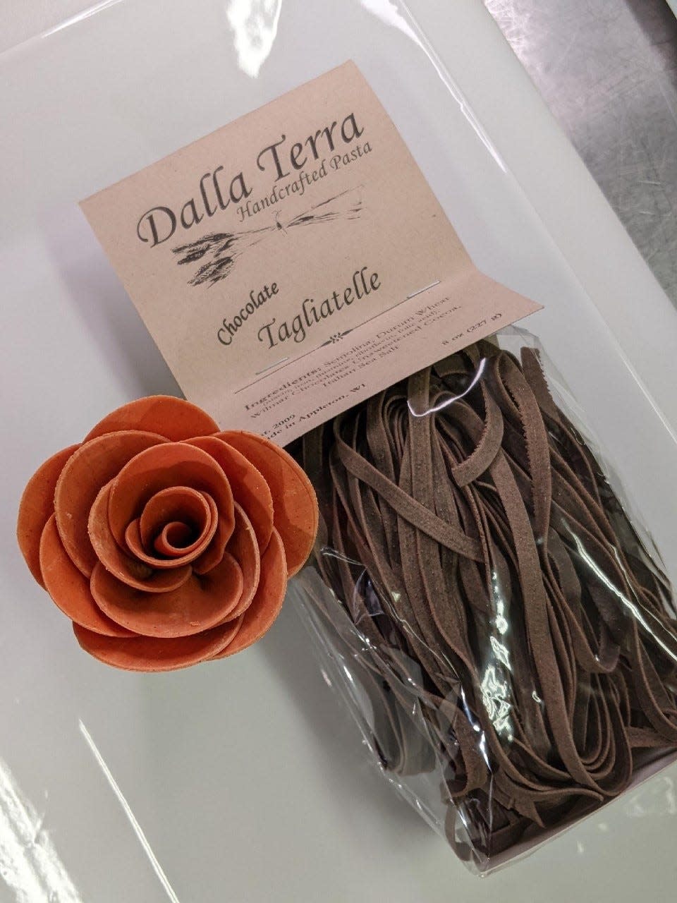 Made with unsweetened cocoa, chocolate tagliatelle is one of Dalla Terra’s more unique pastas that can be made as a savory pasta.