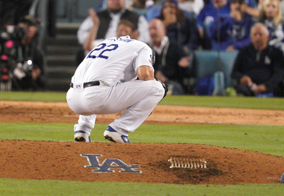 LOS ANGELES, CA - OCTOBER 09: Los Angeles Dodgers relief pitcher Clayton Kershaw (22) reacts after giving up back to back solo home runs to tie game 5 of the NLDS in Los Angeles on Wednesday, Oct. 9, 2019. (Photo by Scott Varley/MediaNews Group/Torrance Daily Breeze via Getty Images)