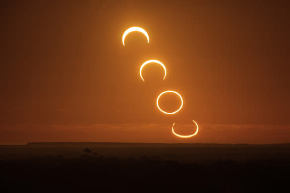 The Moon’s orbit about the Earth is not perfectly circular, so that at different times the Moon can be slightly closer or further away than usual. This composite shot shows the progress of an annular eclipse in May 2013.