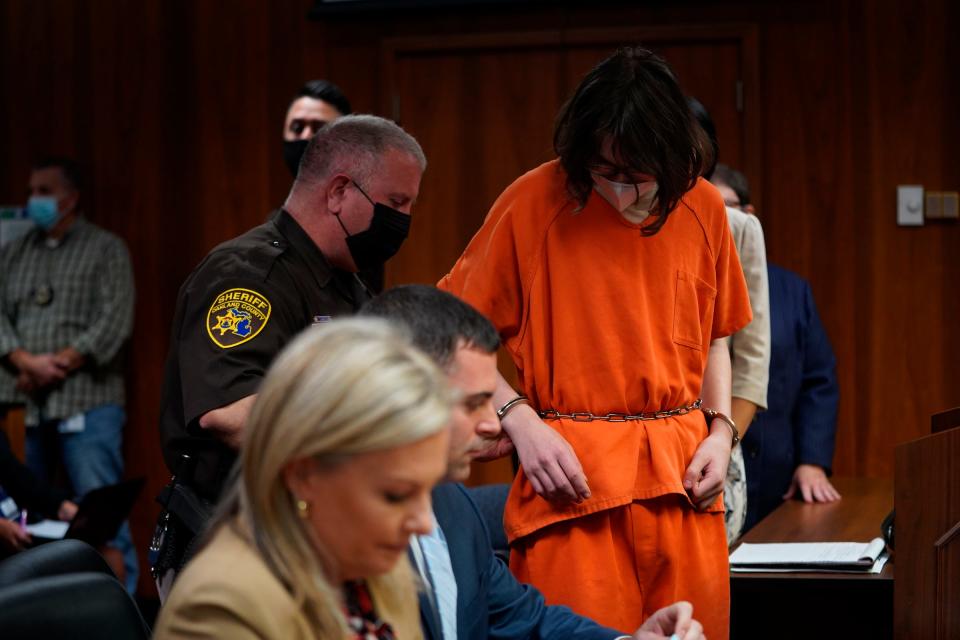 Oxford High School shooting suspect Ethan Crumbley exits the courtroom after he pleads guilty for his role in the school shooting that occurred on Nov. 30, 2021, during a his appearance at the Oakland County Circuit Court in Pontiac on Monday, Oct. 24, 2022.