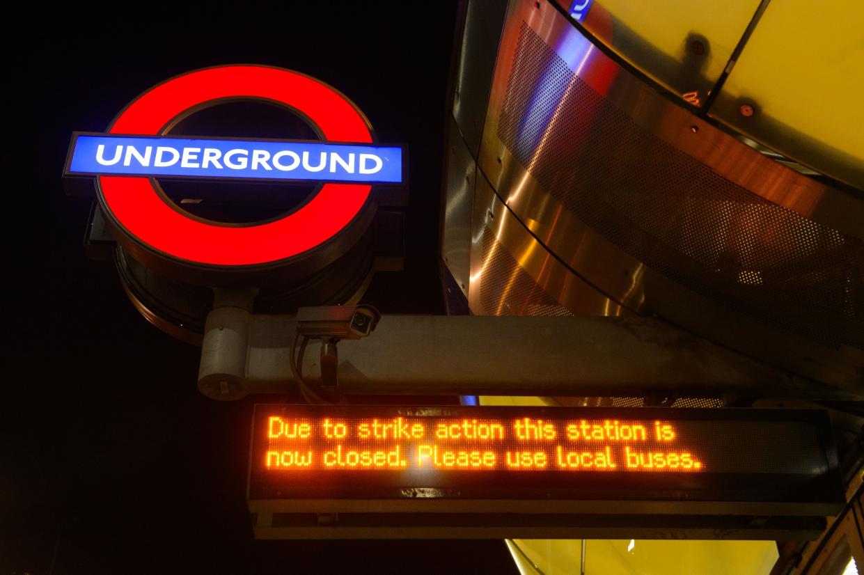 An electronic sign at Southwark underground station, in central London, giving notice of the start of 48 hours of industrial action by RMT union members affecting the London Underground in a row over ticket office closures.