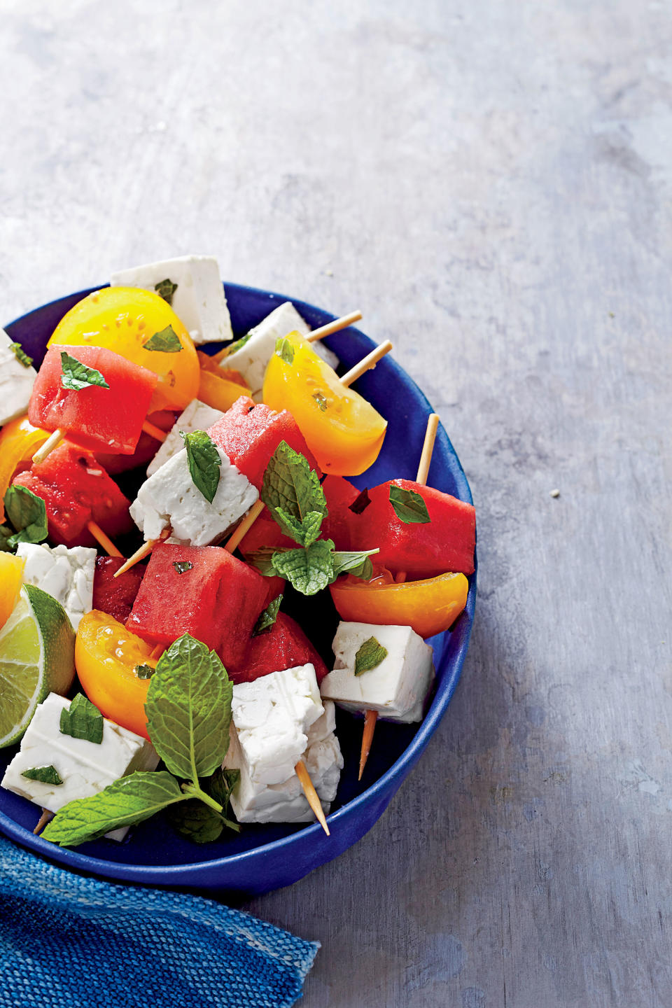 Tomato, Watermelon, and Feta Skewers with Mint and Lime