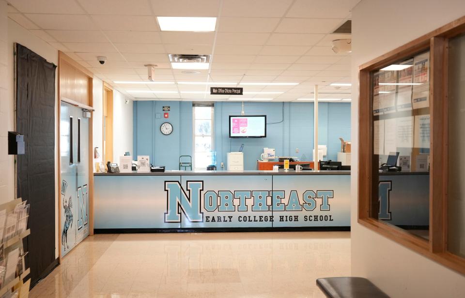 The front entrance at Northeast Early College High School will be converted to a secure vestibule as part of a new security plan.