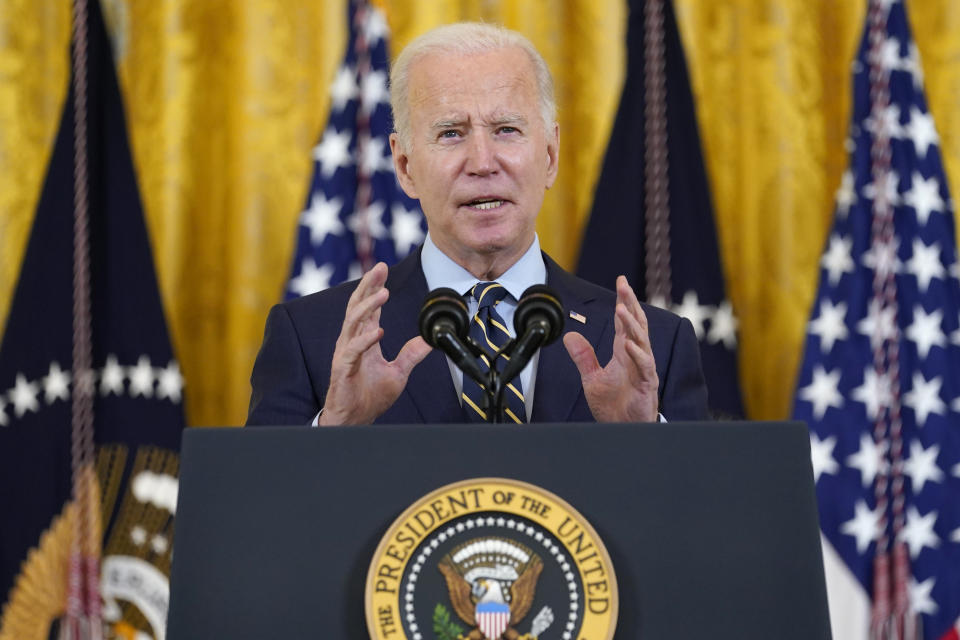 President Joe Biden speaks from the East Room of the White House in Washington, Monday, Dec. 6, 2021, on his administrations plans to lower the costs of prescription drugs, letting Medicare negotiate drug prices, capping how much seniors and people with disabilities have to pay for drugs. (AP Photo/Susan Walsh)