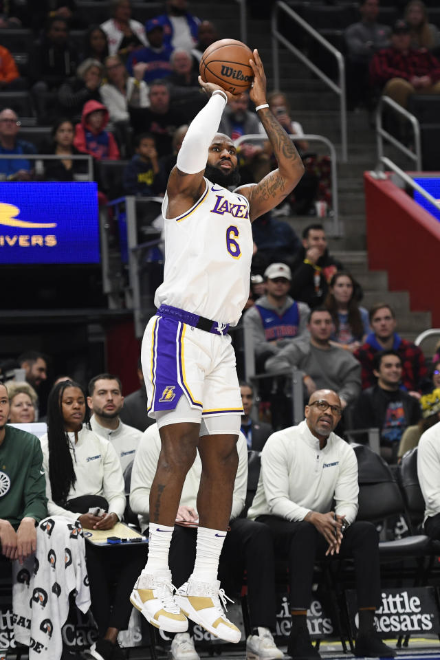 The shoes worn by Los Angeles Lakers forward LeBron James (23) are seen  during the first quarter against the New York Knicks at Staples Center.