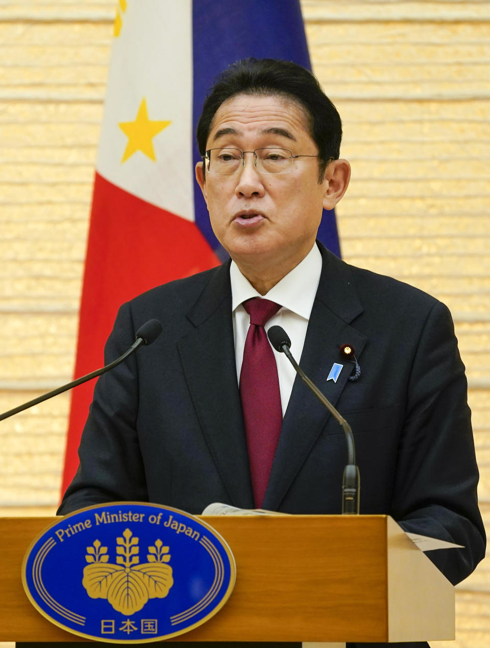 Japanese Prime Minister Fumio Kishida speaks during joint press remarks with Philippine President Ferdinand Marcos Jr. after their talks at prime minister's official residence in Tokyo, Thursday, Feb. 9, 2023. (Kimimasa Mayama/Pool Photo via AP)