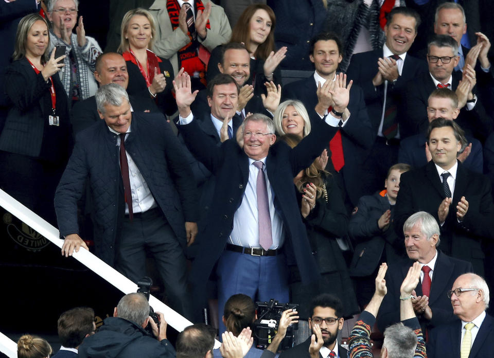 Alex Ferguson in the stands, at his first match since having emergency brain surgery in May, before the English Premier League soccer match against Wolverhampton Wanderers, at Old Trafford in Manchester, England, Saturday September 22, 2018. Ferguson spent almost 27 years as manager of United before retiring in 2013. (Martin Rickett/PA via AP)