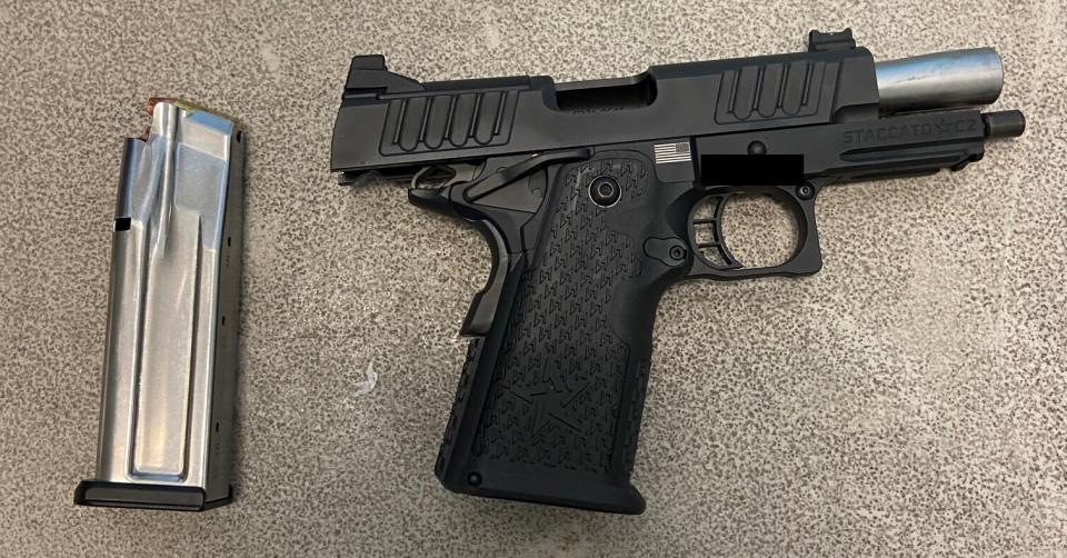 This photo provided by the Transportation Security Administration shows a 9mm Staccato C2 handgun that officials say was found in U.S. Rep. Madison Cawthorn's, R-N.C., carry-on bag at a Charlotte Douglas International Airport security checkpoint, Tuesday, April 26, 2022. (Transportation Security Administration via AP)