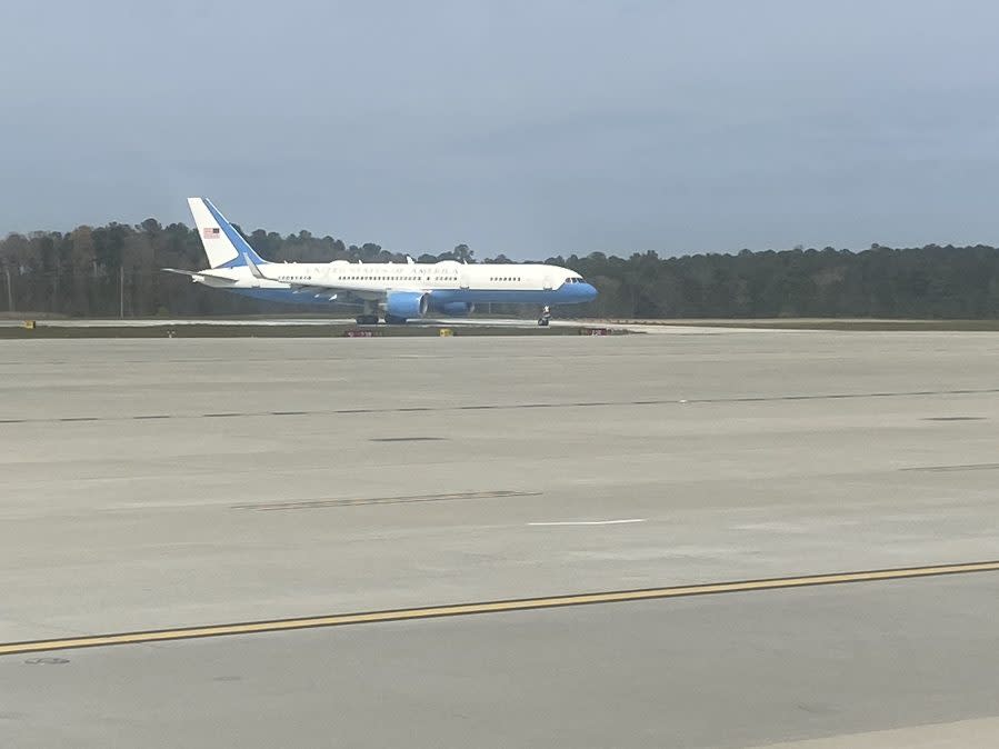 Air Force Two lands at RDU Tuesday afternoon with Vice President Kamala Harris on board (Joseph Holloway/CBS 17)