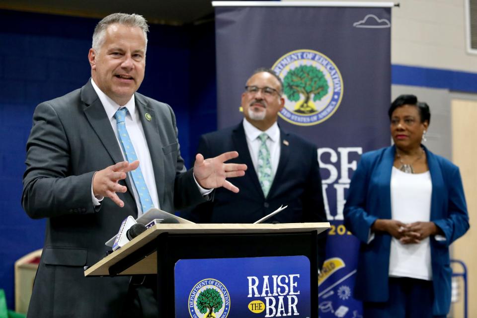 Congressman Eric Sorensen speaks during a press conference Thursday, Sept. 7, 2023, at Beyer Early Childhood Center in Rockford. U.S. Secretary of Education Miguel Cardona and National Education Association President Becky Pringle are seen to the right.