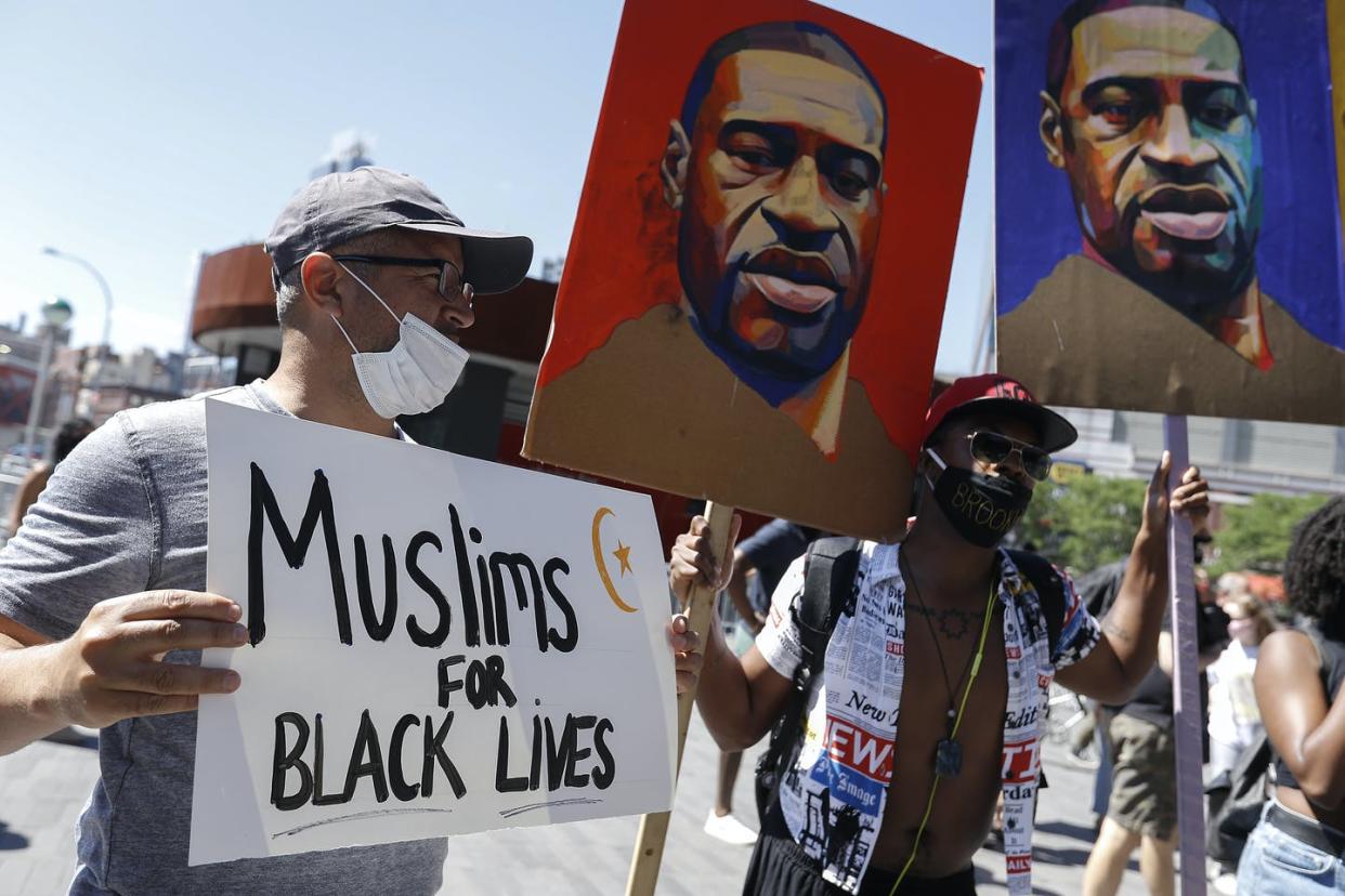 <span class="caption">Muslims demonstrate against police brutality and racial injustice in Brooklyn.</span> <span class="attribution"><a class="link " href="https://www.gettyimages.com/detail/news-photo/muslims-demonstrate-against-police-brutality-and-racial-news-photo/1219835765?adppopup=true" rel="nofollow noopener" target="_blank" data-ylk="slk:John Lamparski/NurPhoto via Getty Images;elm:context_link;itc:0;sec:content-canvas">John Lamparski/NurPhoto via Getty Images</a></span>