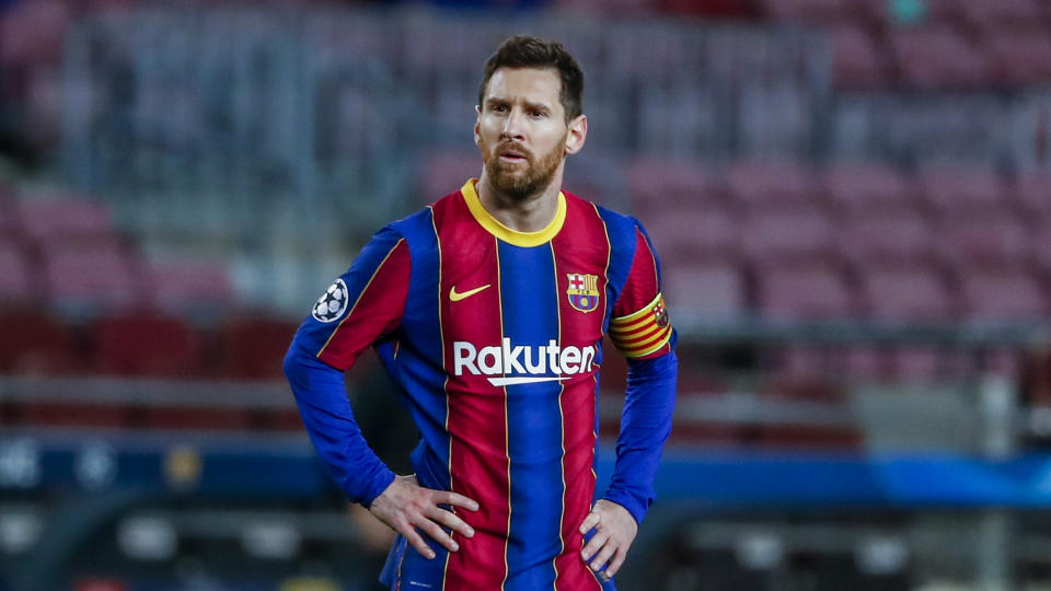 Barcelona's Lionel Messi looks on during their Champions League soccer match against Paris Saint-Germain at the Camp Nou stadium in Barcelona, Spain. Barcelona was set to be one of the founding teams of the European Super League. Photo: Joan Monfort/AP