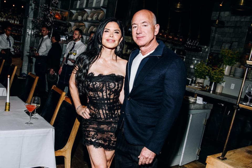 Lauren Sánchez and Jeff Bezos attend a party ahead of the 2024 Met Gala.