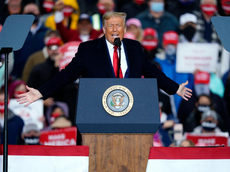 President Donald Trump speaks at a campaign rally at HoverTech International,  on Monday 26 October 2020 ((Associated Press))