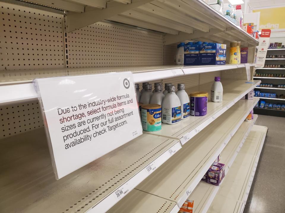 The Target on Highline Place in eastern Sioux Falls shows mostly bare shelves and limited in-person shopping for several major baby formula brands on Monday, May 9.