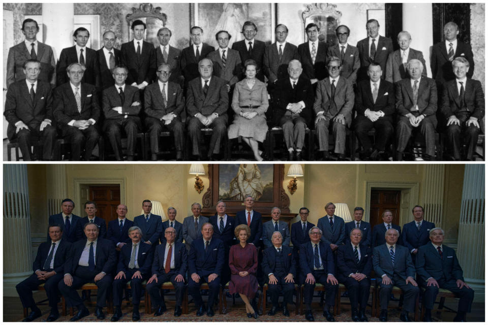 Mrs Thatcher’s cabinet in 1979 and as depicted in The CrownHulton Archive/Getty Images/Netflix