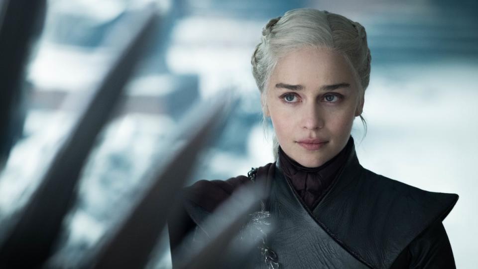 Emilia Clarke wearing black as Daenerys Targaryen on Game of Thrones