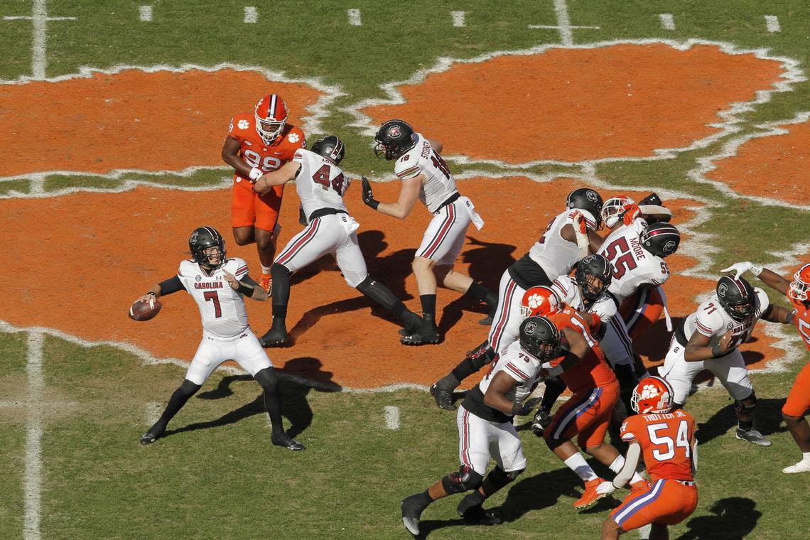 South Carolina quarterback Spencer Rattler (7) unloads a pass against Clemson during first-quarter action in Clemson, S.C. on Saturday, Nov. 26, 2022. (Travis Bell/SIDELINE CAROLINA)