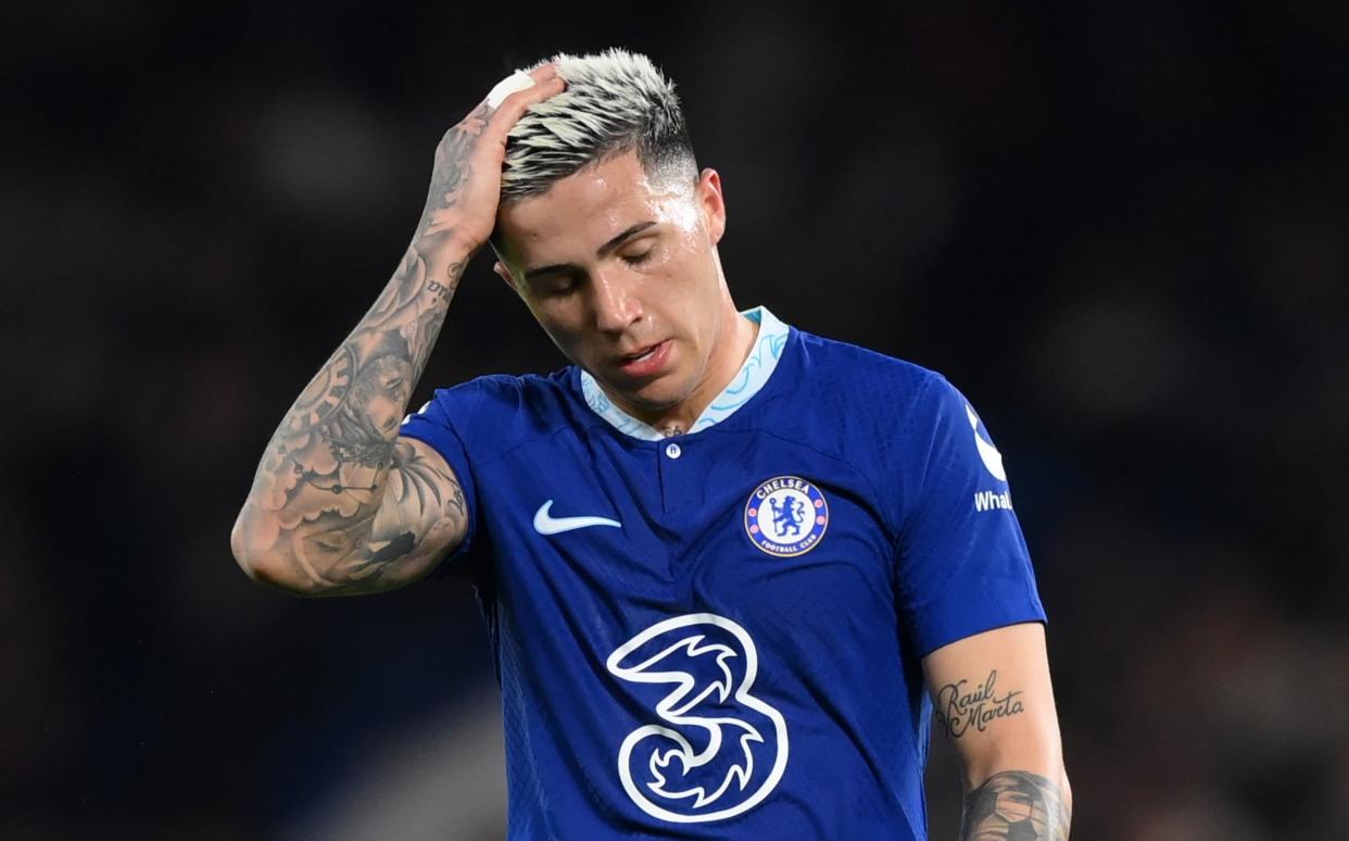 Enzo Fernandez of Chelsea reacts during the Premier League match between Chelsea FC and Fulham FC at Stamford Bridge - Justin Setterfield/Getty Images