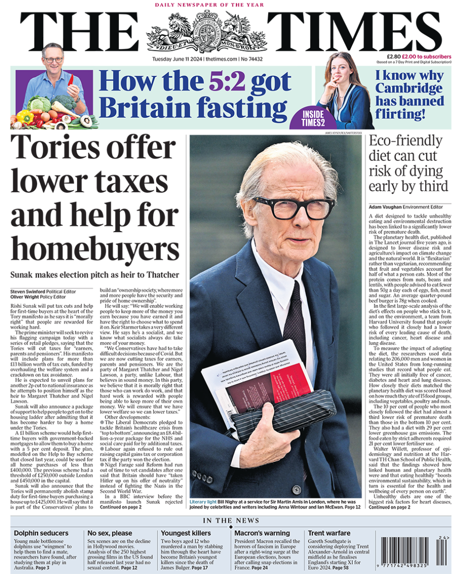 Times headline reads: "Tories offer lower taxes and help for homebuyers"