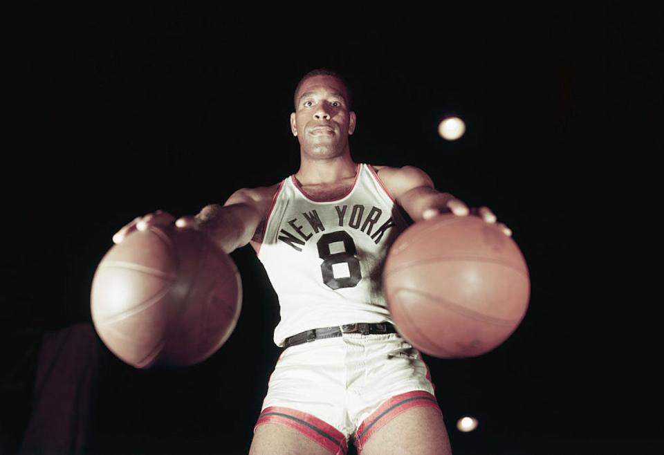 Nat ‘Sweetwater’ Clifton played for the New York Rens and went on to become one of the first Black players in the NBA. <a href="https://www.gettyimages.com/detail/news-photo/nat-sweetwater-clifton-of-the-new-york-knickerbockers-news-photo/517727432?adppopup=true" rel="nofollow noopener" target="_blank" data-ylk="slk:Bettmann/Getty Images;elm:context_link;itc:0;sec:content-canvas" class="link ">Bettmann/Getty Images</a>