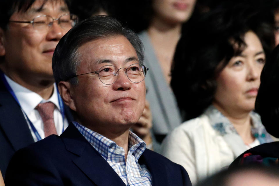 South Korean President Moon Jae-in and his wife Kim Jung-sook (not seen) attend a Korean cultural event in Paris, France, on Oct. 14, 2018.