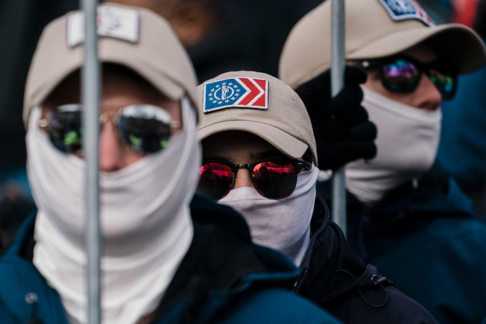 Members of the right-wing group, the Patriot Front, as they prepare to march with anti-abortion activists during the 49th annual March for Life along Constitution Ave. on Friday, Jan. 21, 2022 in Washington, DC. - Credit: Kent Nishimura / Los Angeles Times/Getty Images